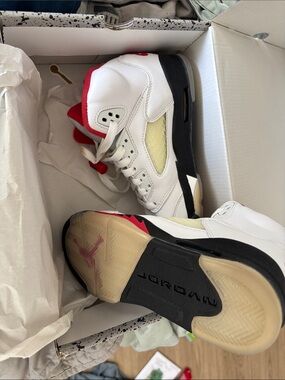 Jordan 5 White Red Black Retro Basketball Sneakers